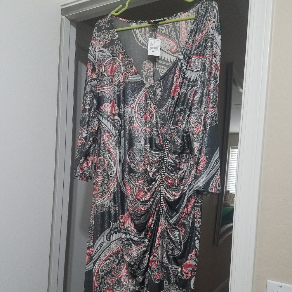 Paisley grey, red, black and white shimmery dress